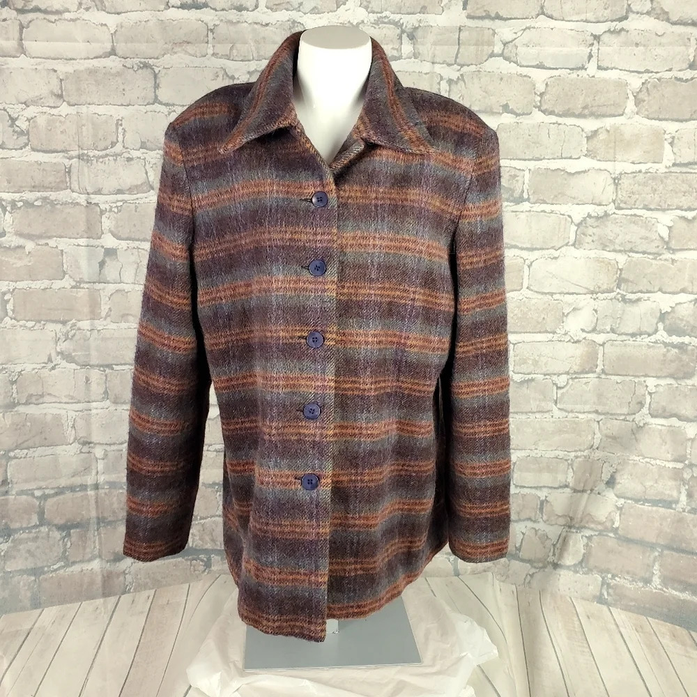 Vintage Wool Mohair Plaid Shacket Plum Teal Orange Button Front Size 16 Grunge